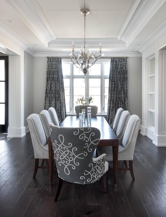 Gray Dining Room with Gray medallion Curtains - Transitional .