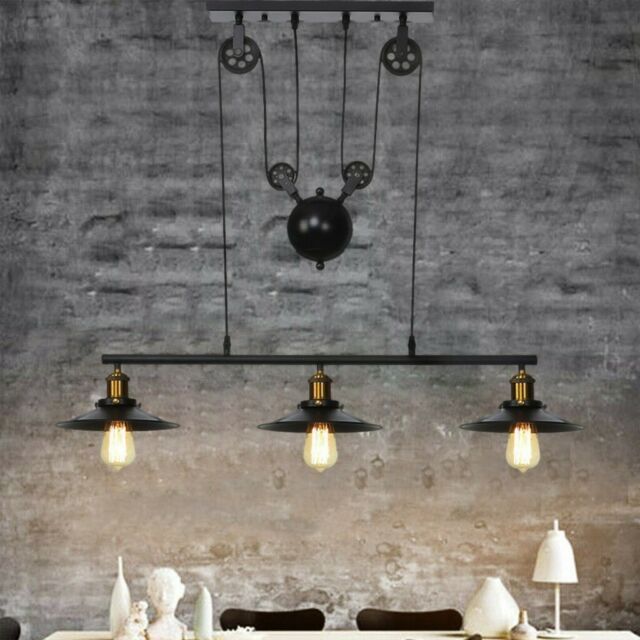 Farmhouse Pulley 3-Light Industrial Chandelier Kitchen Dining Room .