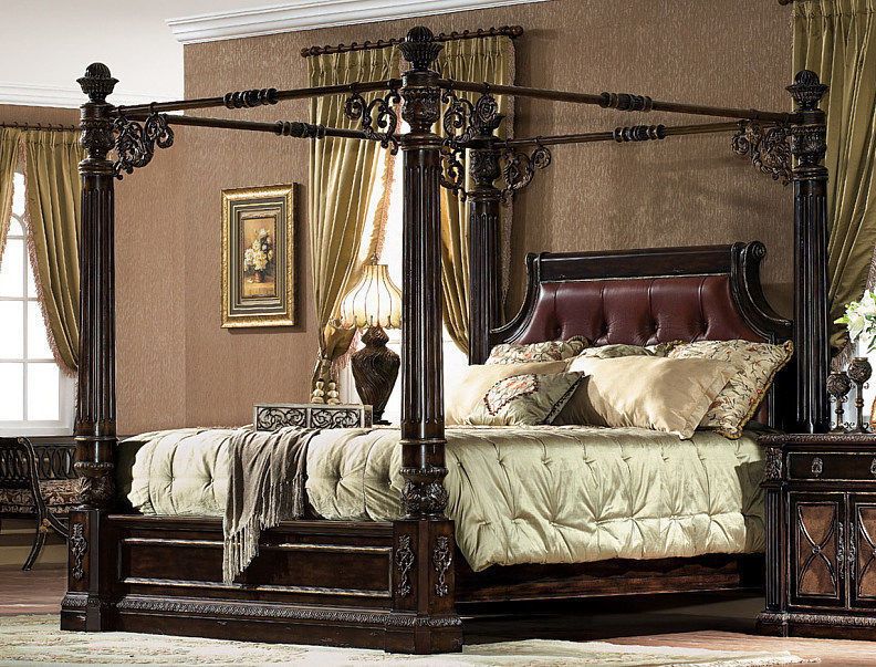 Antique Chestnut Carved King Size Canopy Bed w/ Leather | Canopy .