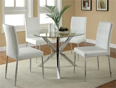 41" Erika Modern Round Glass Table W/ White Chairs | Glass round .