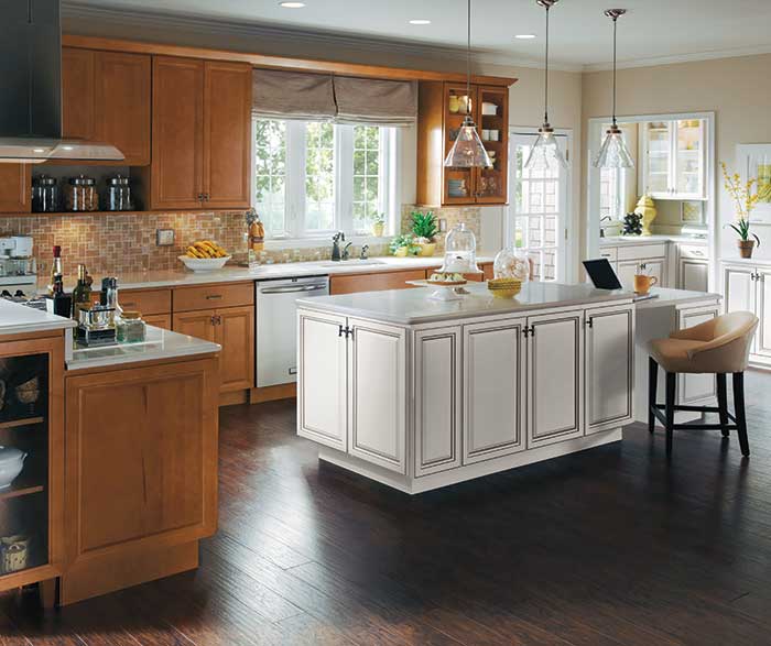 Maple Wood Cabinets with White Kitchen Island - Homecre