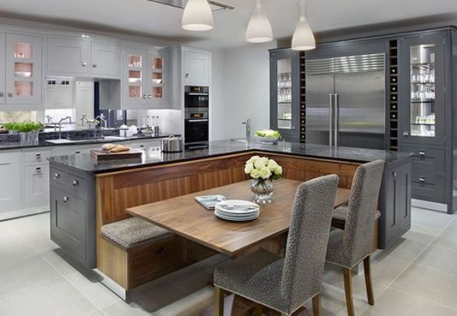 beautiful kitchen with black and wood design | Kitchen seating .