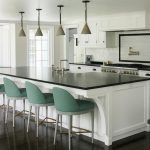Green fabric Stools at Large Kitchen Island - Transitional - Kitch