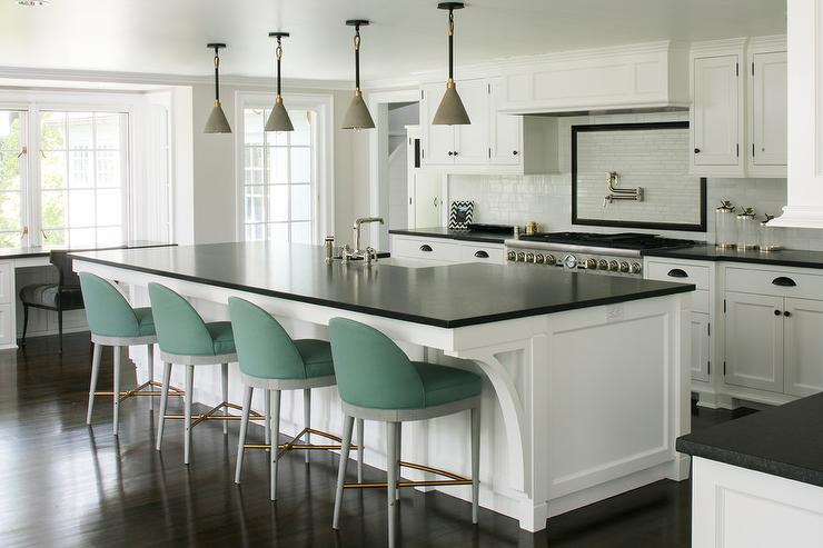 Green fabric Stools at Large Kitchen Island - Transitional - Kitch