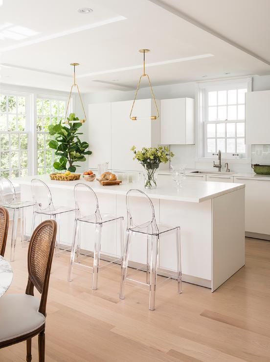 Brass Triangle Pendant Lights Over Kitchen Island - Transitional .