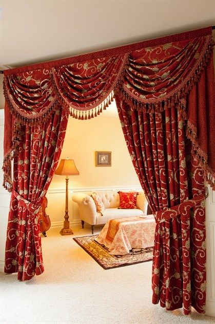 Louis XVI Royal Red swag valances curtain drapes | Red curtains .