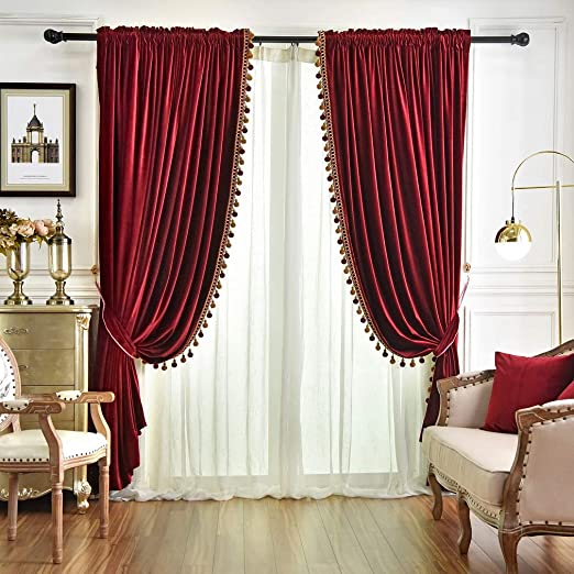 Amazon.com: QSH Queen's House Luxury Burgundy Window Curtains Pom .