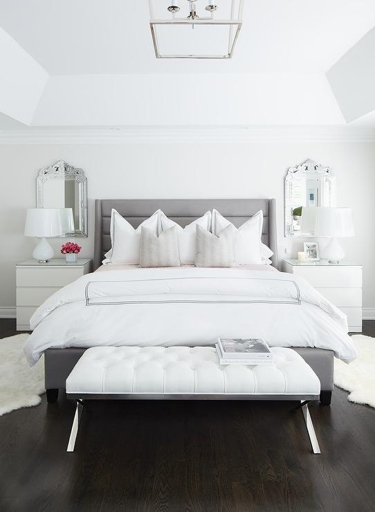 Gray Channel Tufted Bed with White Leather Tufted Bench - Modern .