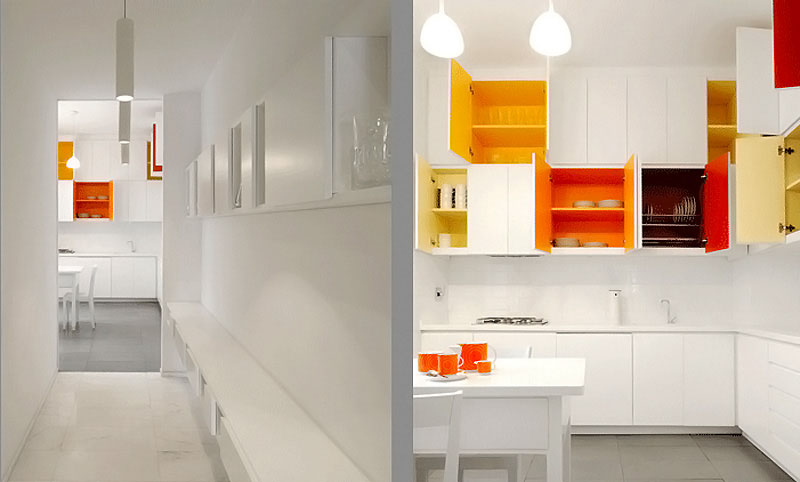 paint bright colors inside your white kitchen cabinets .