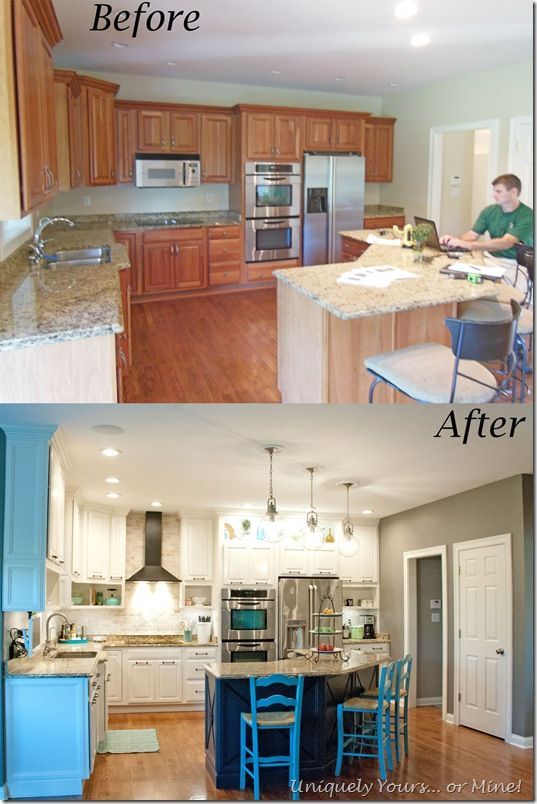 before and after of DIY kitchen remodel, raised kitchen cabinets .