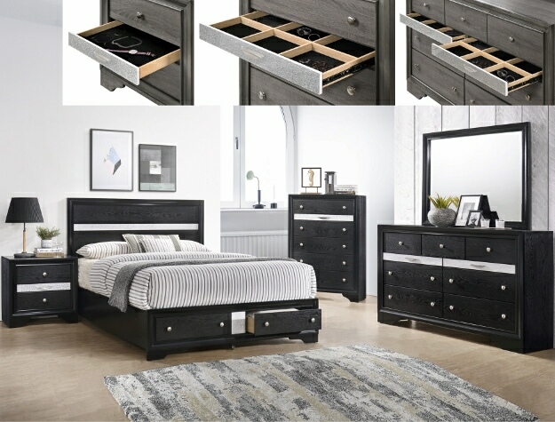 B4670 4 pc Regata black and silver finish wood queen storage .