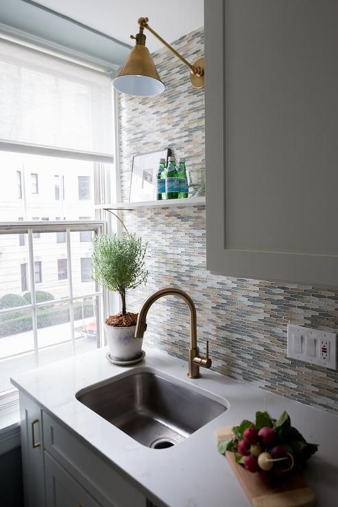 Gold and gray mosaic glass tiles | Simple kitchen, Kitchen island .