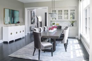 Gray Rectangular Dining Table with Oval Bling Chandelier .