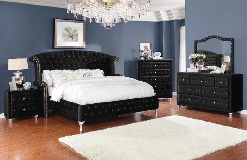 206101Q 5 pc Deanna black velvet upholstered queen padded bed set .