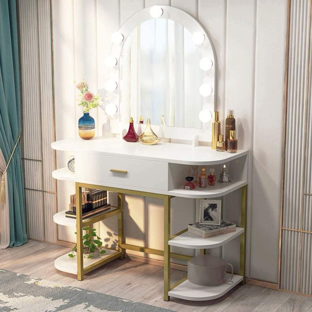 Tribesigns Large Vanity Table with Lighted Mirror and Drawer .