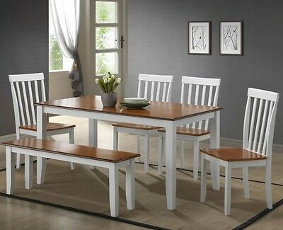 6 Pc White Dining Room Set Kitchen Table Chairs Bench Wood .