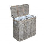 Laundry Basket 3-compartment kubu wicker laundry hamper in serene grey with lid open | the FGYNOAV