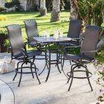 bar height patio set with swivel chairs black painted wooden dining chairs mixed square brown varnished top surface OKMSUOY