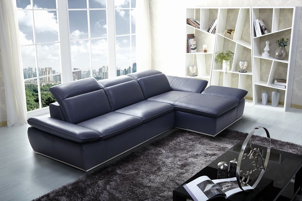 blue leather industrial sectional sofa