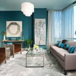 living room accent wall with brown furniture a teal accent wall, aqua blue accessories and brown upholstered BMNYUOV