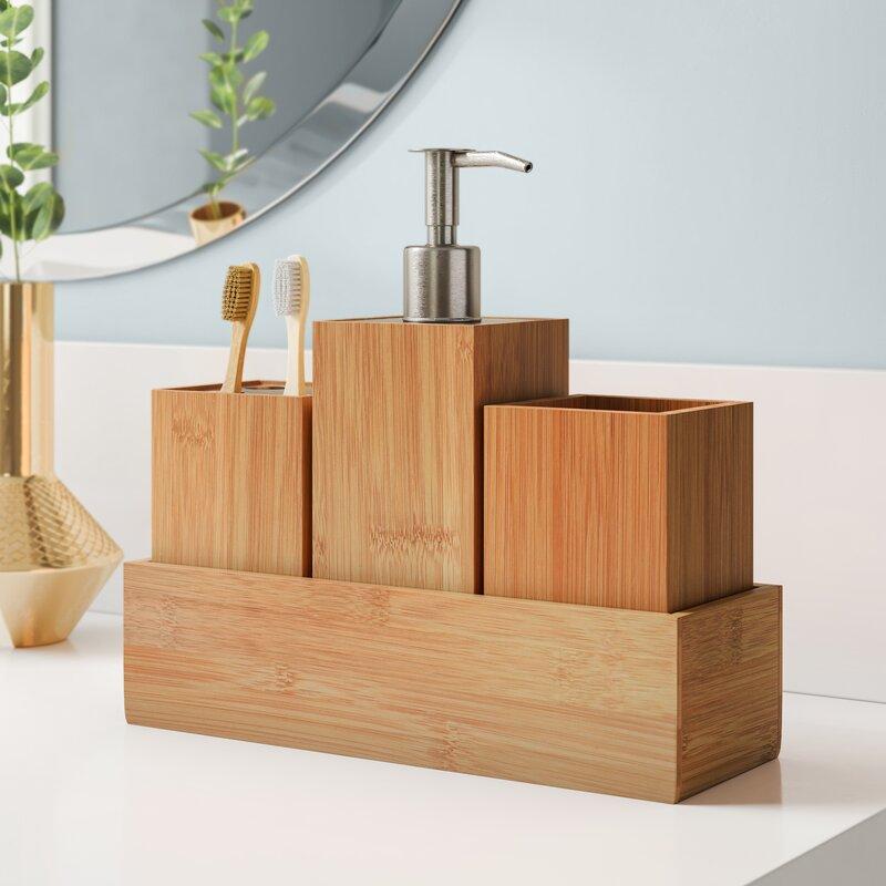 Coordinate wooden accessories for a cohesive wooden bathroom theme