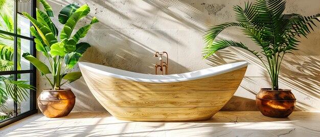 Create a spa-like atmosphere with a wooden bathtub centerpiece