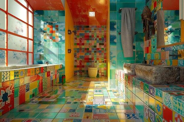 Experiment with colorful tiles to add pizzazz to your eclectic bathroom design