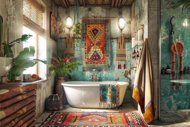 Bohemian Retreat: Layered textiles add character to your bathroom space