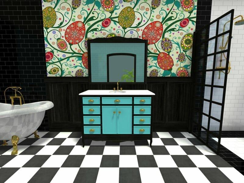 Incorporate bold wallpaper patterns to add character to your eclectic bathroom space