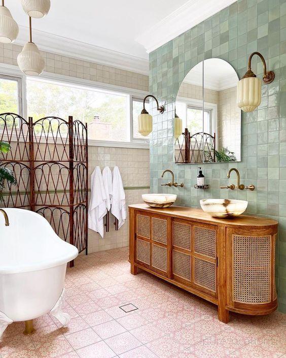 Layered textiles create warmth and comfort in your eclectic bathroom spaces