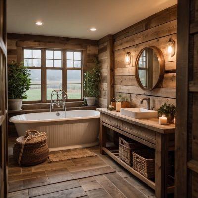 Rustic farmhouse bathroom with reclaimed wood ⁢accents and vintage decor