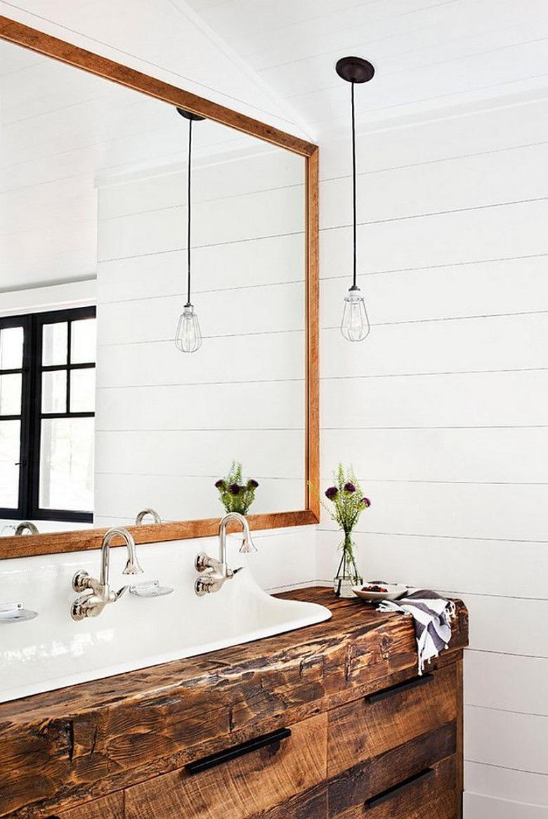 Experiment with wooden fixtures for a modern wooden bathroom feel