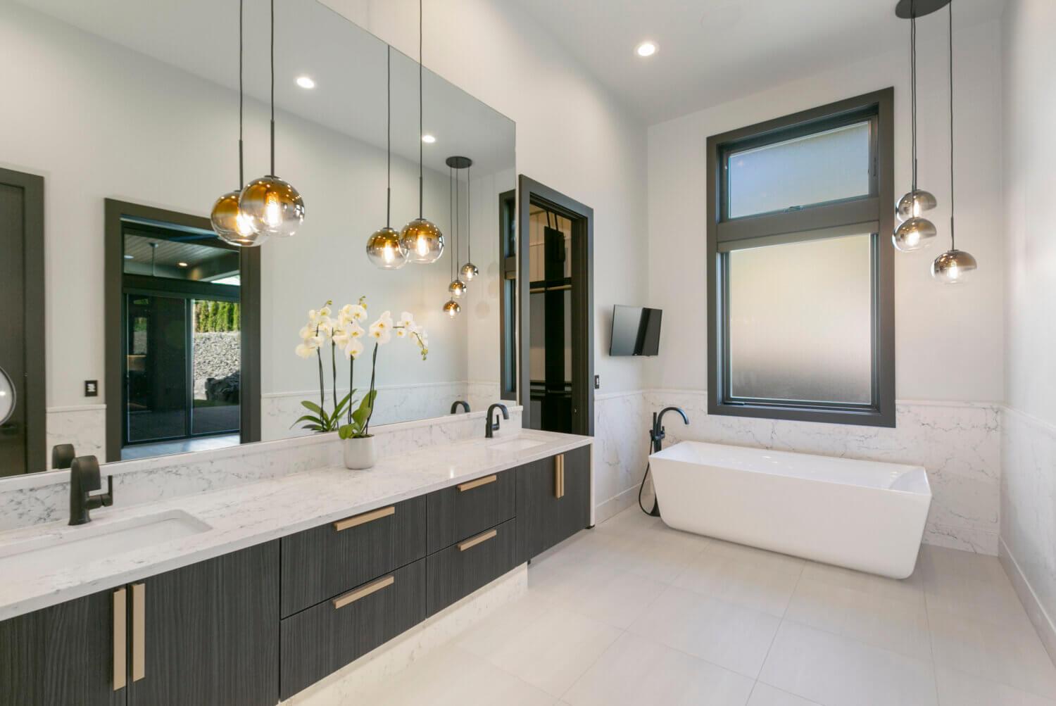 Sleek floating vanities for a ​spacious modern bathroom design