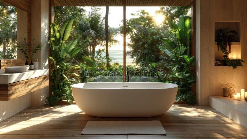 Tropical paradise bathroom decorated with‍ vibrant plants and ⁣ocean-inspired colors