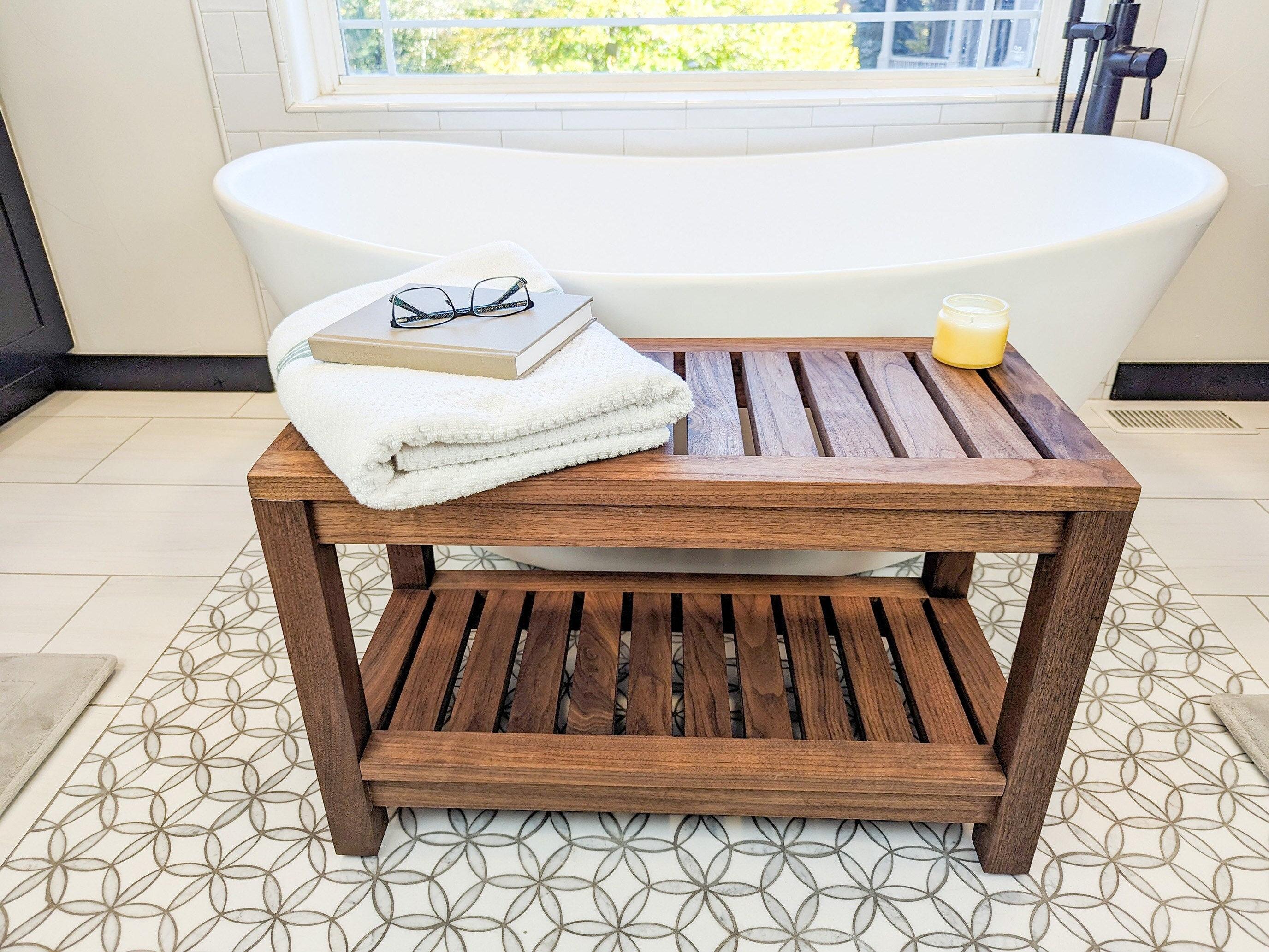 Add a wooden bathroom‍ bench for practicality ⁢and aesthetic appeal