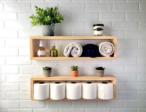 Use wooden shelves for elegant storage solutions in your wooden bathroom