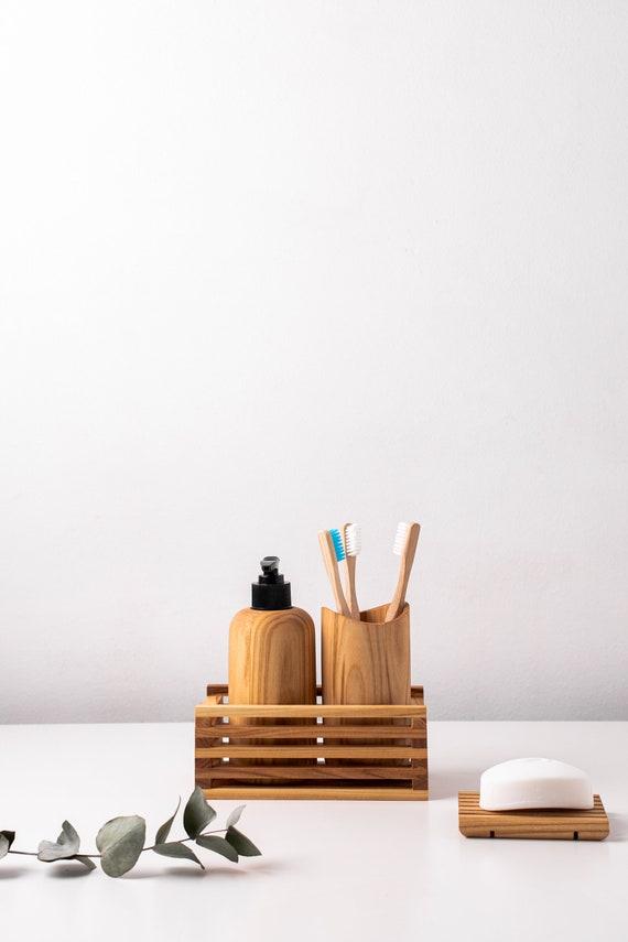 Add wooden bathroom accessories for a cohesive aesthetic