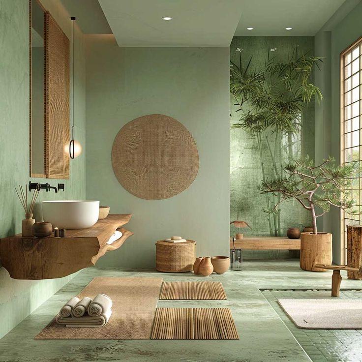 Design a wooden bathroom with a nature-inspired ​color‌ palette