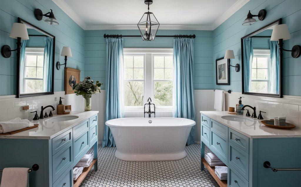 Bright airy bathroom featuring large windows and ⁢pastel colors