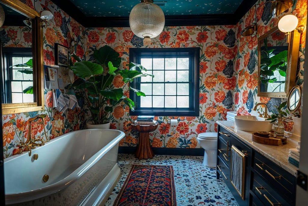 Embrace bold wallpaper ⁣patterns⁢ for a stunning ⁢eclectic bathroom ​statement