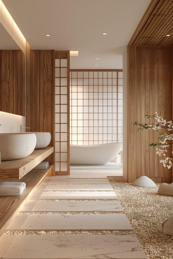 Add a freestanding wooden bathtub for luxury and relaxation