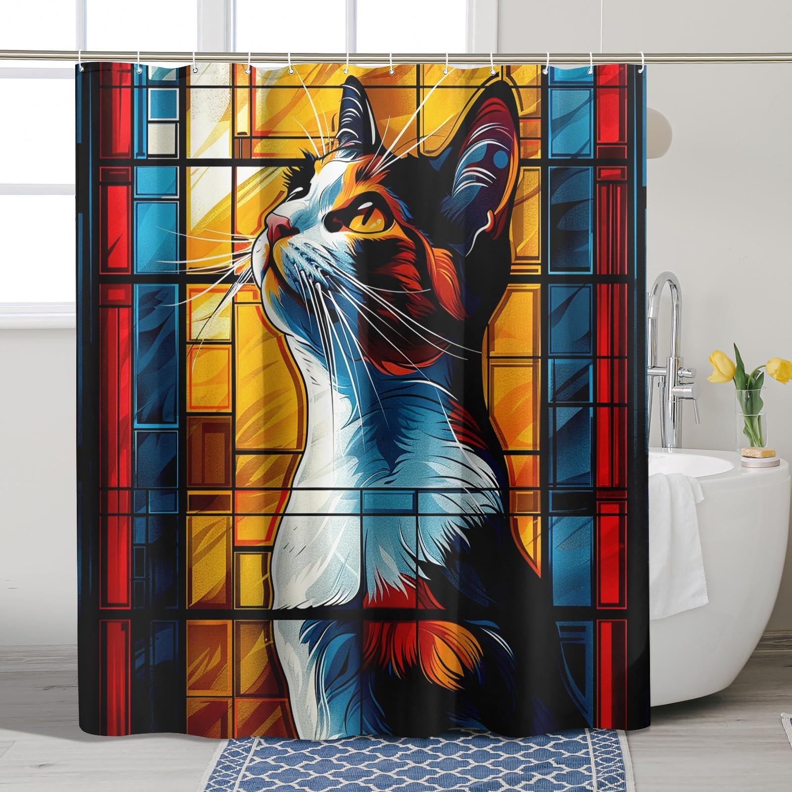 Vibrant shower curtains add a splash of ‌color to an eclectic ​bathroom scheme