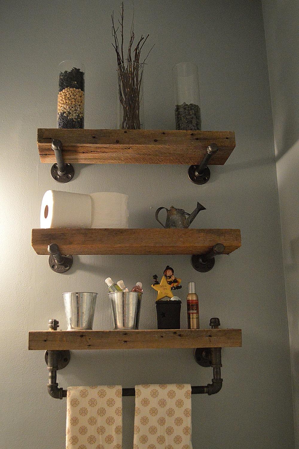 Incorporate wooden shelving for a​ rustic wooden bathroom touch