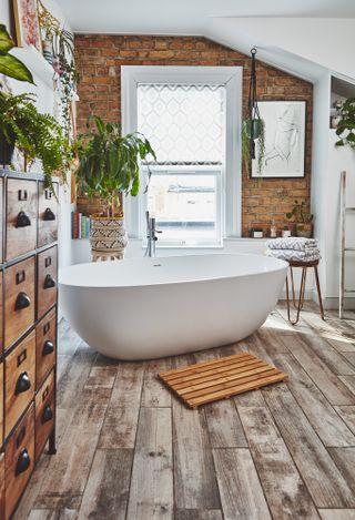 Natural wood ​elements create warmth and organic charm in an eclectic bathroom