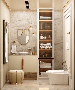 Contemporary bathroom: ⁣Modern ⁣furnishings and bold decor make a statement