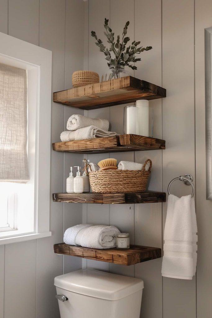 Incorporate reclaimed wood shelves for a rustic touch in your eclectic bathroom