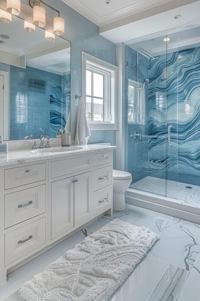 Coastal Breeze: Soft blues and whites evoke a beachy bathroom feel