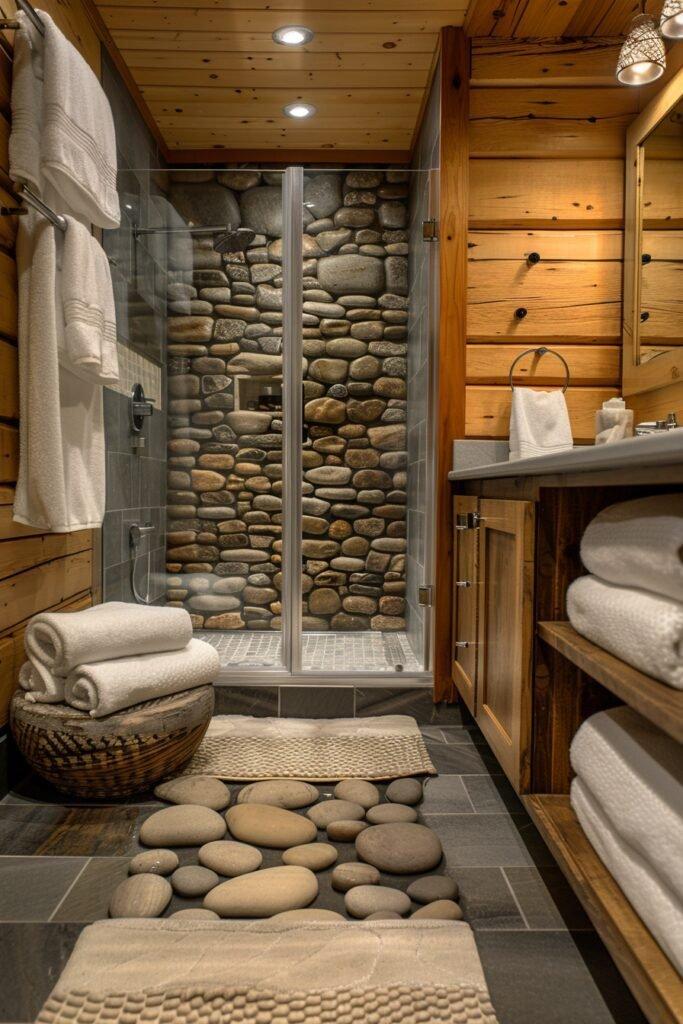 Pair wood with stone accents for a balanced wooden bathroom retreat