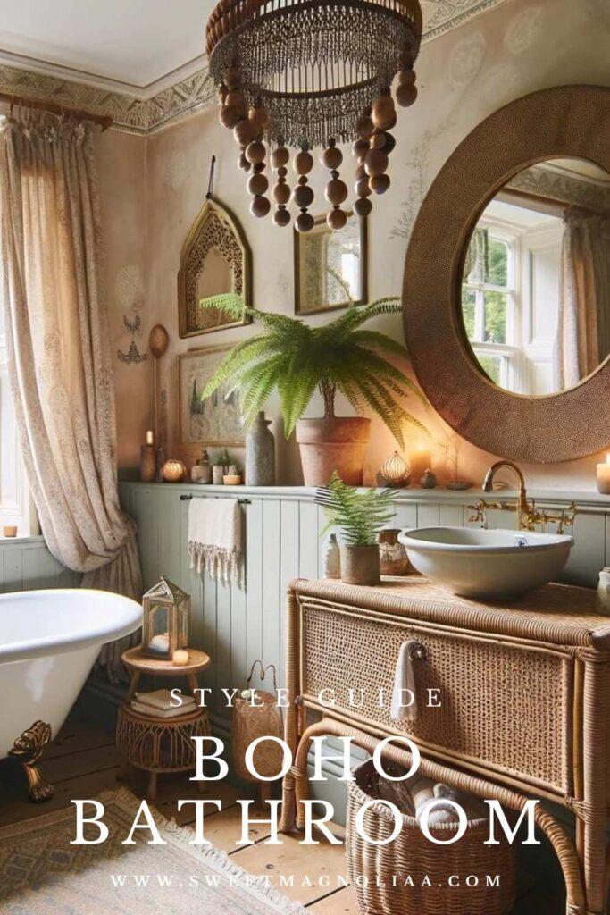 Infuse your boho bathroom with art prints showcasing your personality