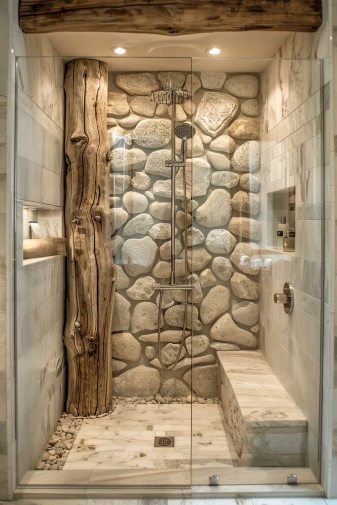 An open shower space with natural stones sets‌ a⁤ tranquil⁣ boho bathroom scene